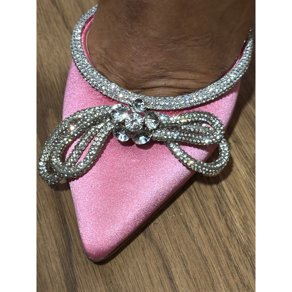 Steve Madden Pink Satin Rhinestone Bow Ankle Strap Pointed Toe Pumps Heels - Picture 3 of 6